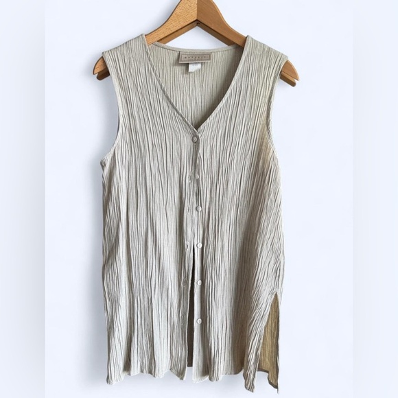 Vintage 90s Express Beige Cream Ribbed Button Sleeveless Boho Vest Shirt Medium - Picture 1 of 9